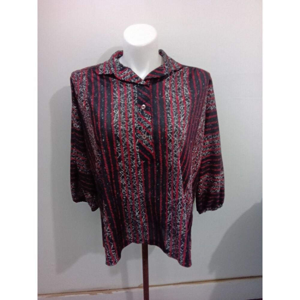 A Personal Touch Red Black Striped Button Front Blouse Size 40